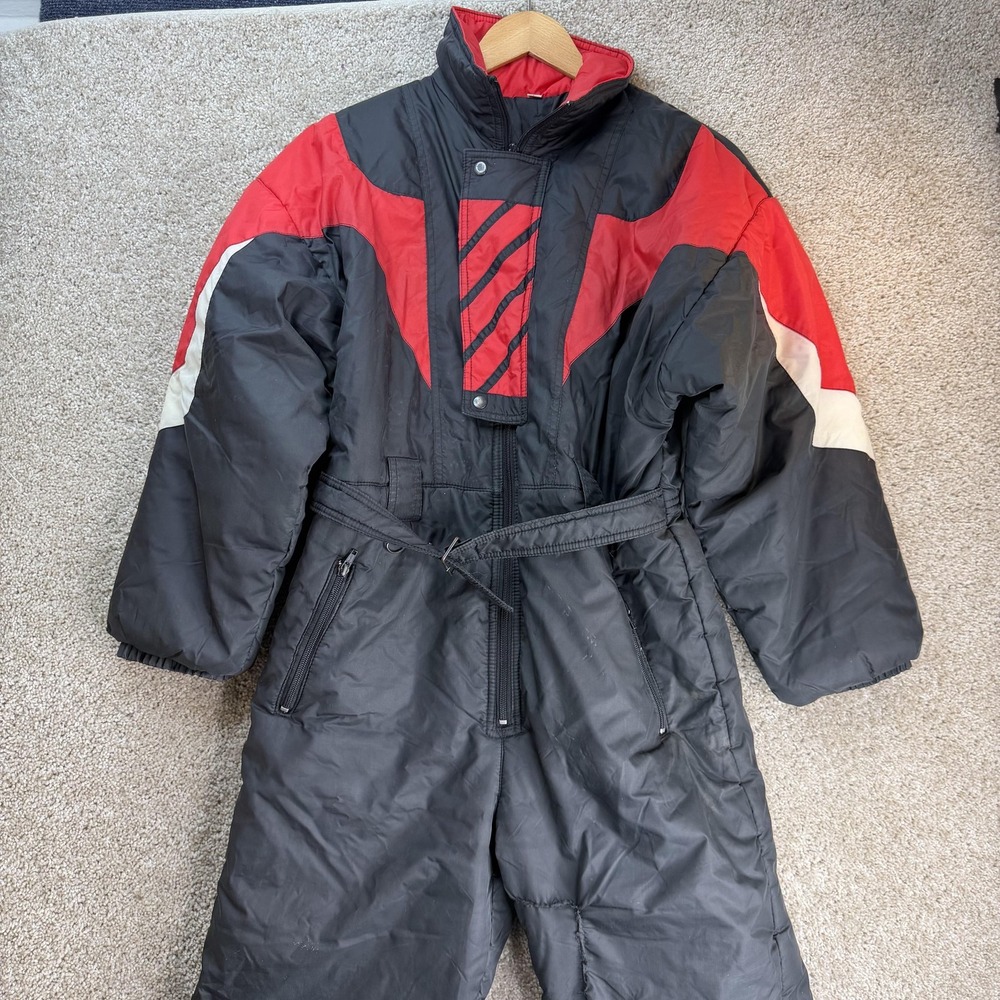 Vintage Ski Snowsuit Kids 14-16 Black Red Insulated Salopettes Colorblock